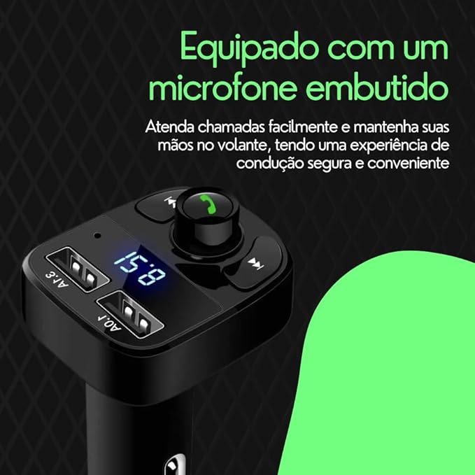 Carregador Duplo USB para Carro com Transmissor FM e Reprodutor MP3 Bluetooth Sem Fio