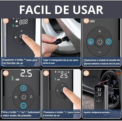 Compressor de Ar Portátil Sem Fio Carsun com Display LCD e Múltiplas Funções - Ideal para Carros, Bicicletas e Esportes - Bomba 4000mAh até 150PSI, Luz LED, Auto-Desligamento