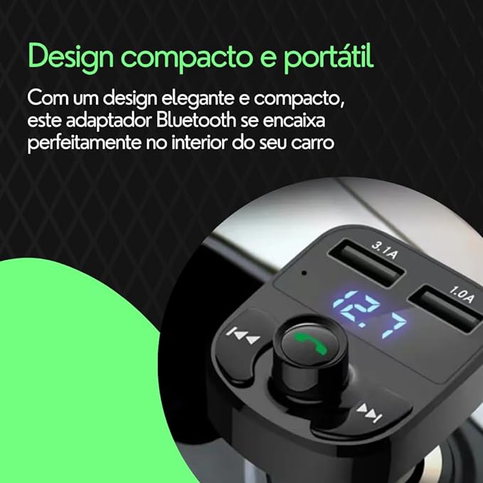 Carregador Duplo USB para Carro com Transmissor FM e Reprodutor MP3 Bluetooth Sem Fio