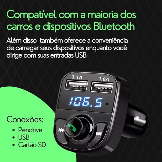 Carregador Duplo USB para Carro com Transmissor FM e Reprodutor MP3 Bluetooth Sem Fio