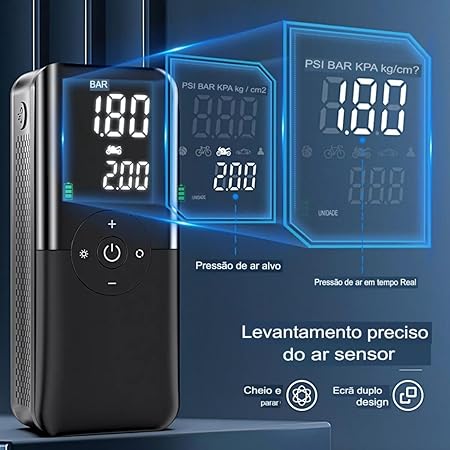 Compressor de Ar Portátil Sem Fio Carsun com Display LCD e Múltiplas Funções - Ideal para Carros, Bicicletas e Esportes - Bomba 4000mAh até 150PSI, Luz LED, Auto-Desligamento