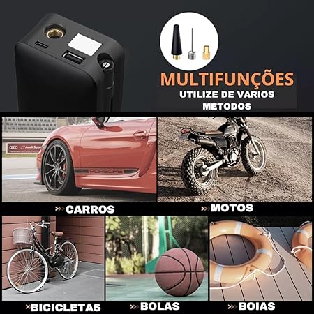 Compressor de Ar Portátil Sem Fio Carsun com Display LCD e Múltiplas Funções - Ideal para Carros, Bicicletas e Esportes - Bomba 4000mAh até 150PSI, Luz LED, Auto-Desligamento