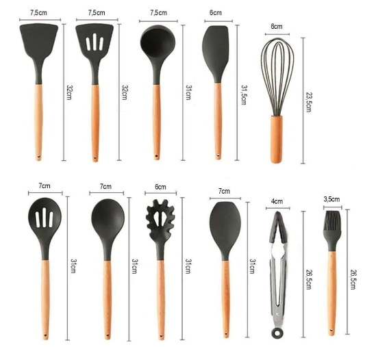 Kit 12 Utensílios De Cozinha Em Silicone E Cabo De Madeira Jogo De Utensílios Resistente ao Calor Antiaderente Premium