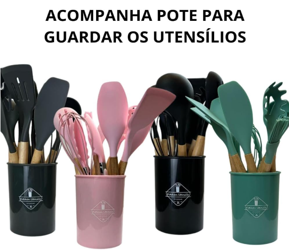 Kit 12 Utensílios De Cozinha Em Silicone E Cabo De Madeira Jogo De Utensílios Resistente ao Calor Antiaderente Premium