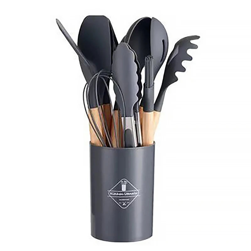 Kit 12 Utensílios De Cozinha Em Silicone E Cabo De Madeira Jogo De Utensílios Resistente ao Calor Antiaderente Premium