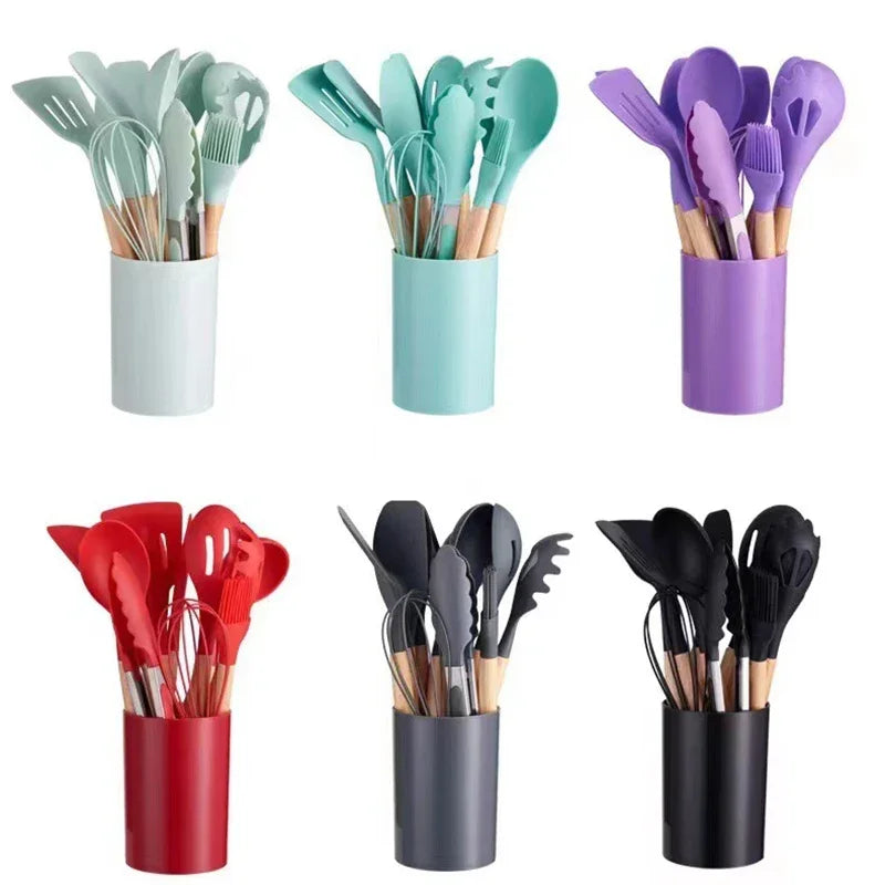 Kit 12 Utensílios De Cozinha Em Silicone E Cabo De Madeira Jogo De Utensílios Resistente ao Calor Antiaderente Premium