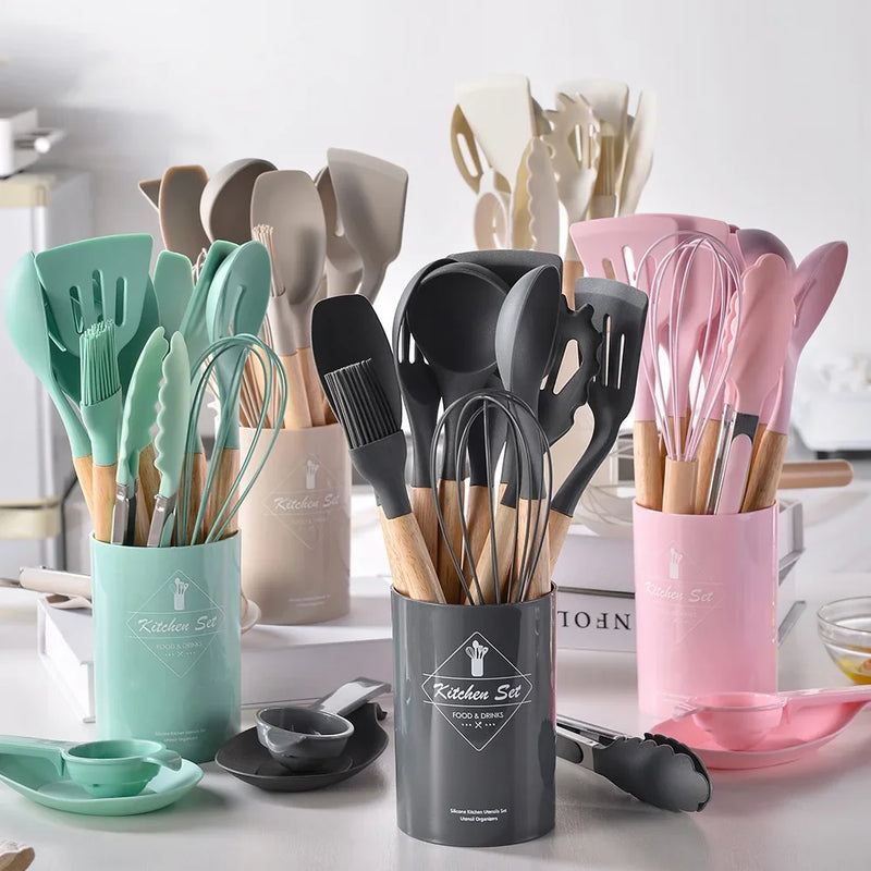 Kit 12 Utensílios De Cozinha Em Silicone E Cabo De Madeira Jogo De Utensílios Resistente ao Calor Antiaderente Premium